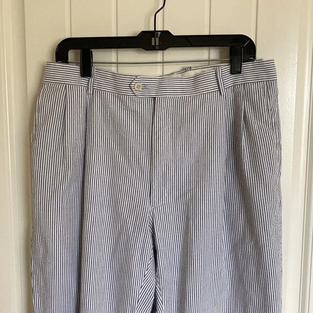 Joseph & Feiss Mens Seersucker Pleated Pants Blue White Stripe‎ Cotton 36 Waist
